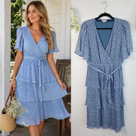 entro Dresses & Skirts - Entro Midi Tiered Dress Large Blue White Feather Pleated Flutter Sleeve Cottage